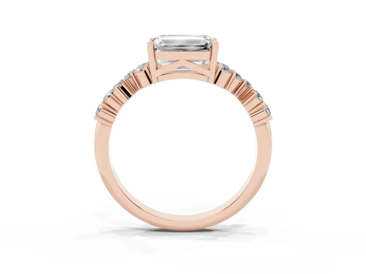 Emerald Cut Diamond Scattered Round Accent Ring with Prong Setting Rose gold