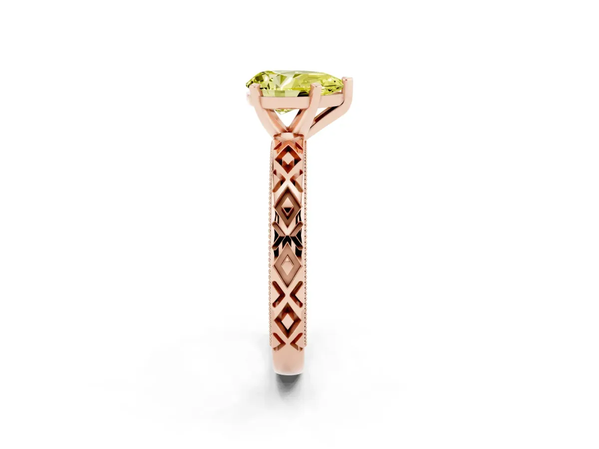 Fancy Yellow Pear Cut Solitaire Diamond Ring with Milgrain and Black Enamel X Pattern Band Rose gold