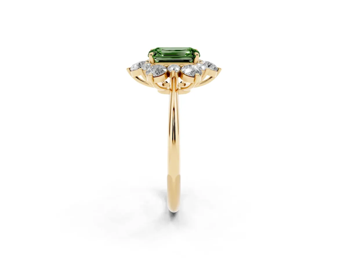 Fancy Green Emerald Cut Diamond Cluster Halo Ring with Solitaire Band and Four-Prong Setting Yellow gold