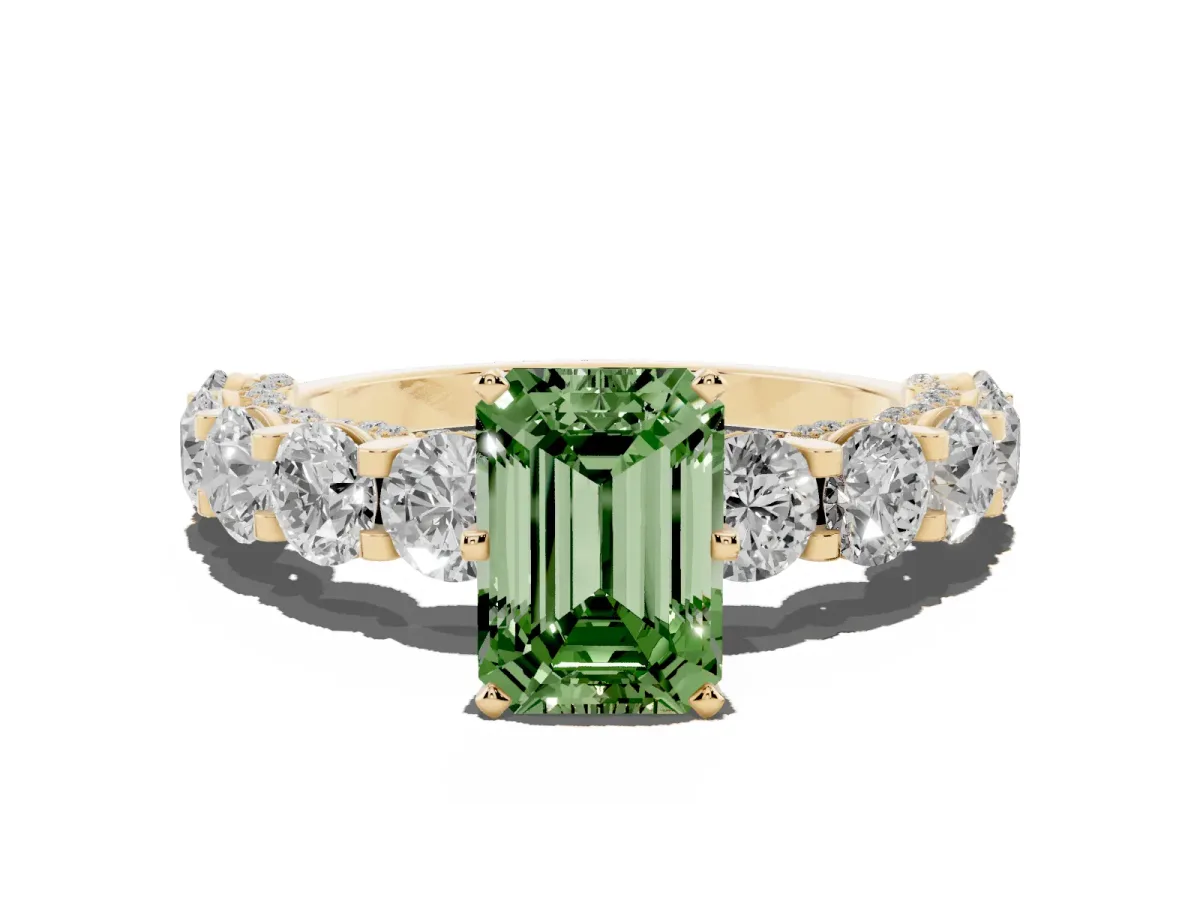 Fancy Green Emerald Cut Diamond Side Stone Engagement Ring with Four-Prong Setting Yellow gold