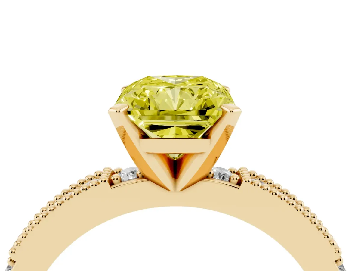 Fancy Yellow Radiant Cut Solitaire with Pavé Band and Four-Prong Setting Yellow gold