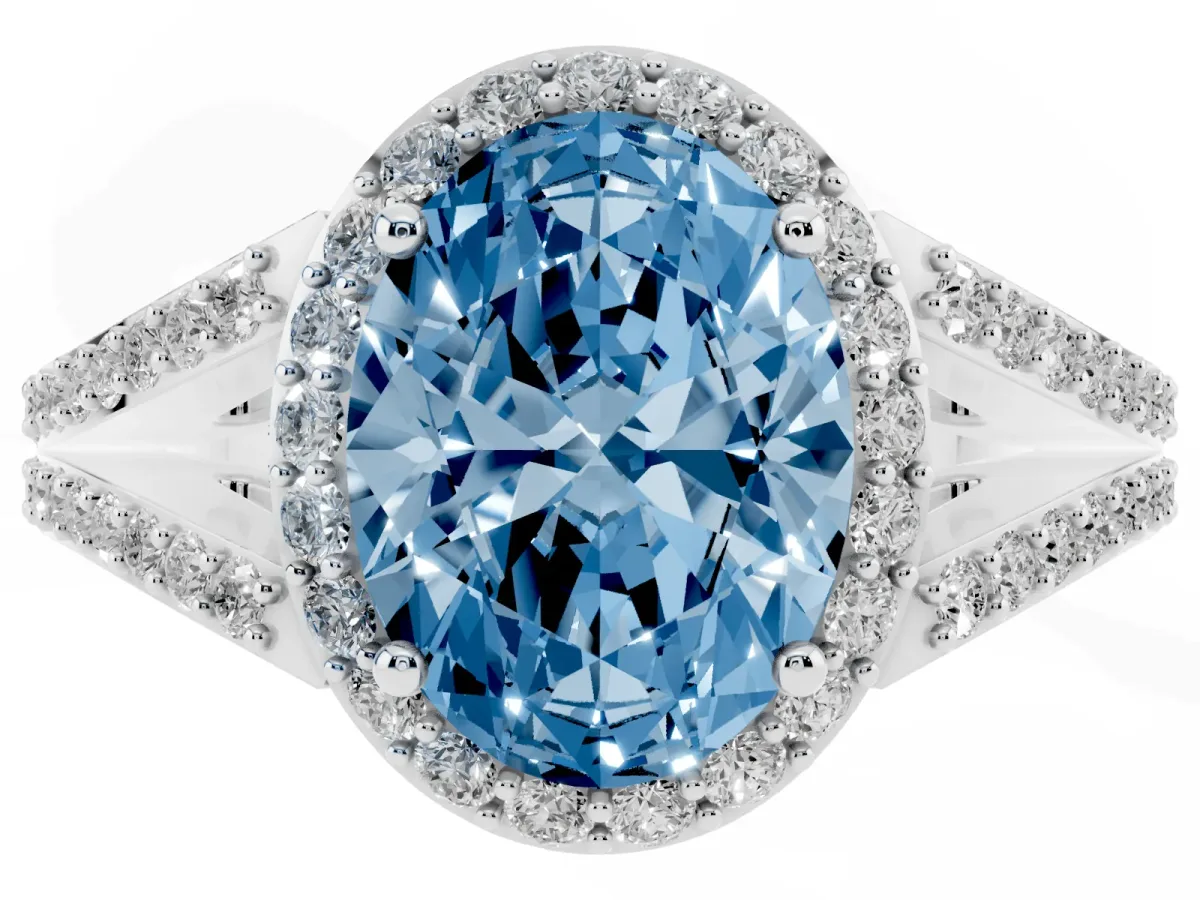 Fancy Blue Oval Cut Halo Split Shank Diamond Ring with Prong Setting Platinum