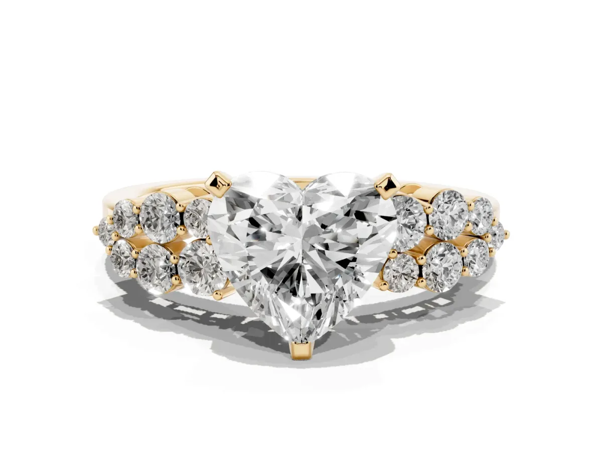 Heart Cut Cluster Diamond Engagement Ring with Pavé Band and Four-Prong Setting Yellow gold