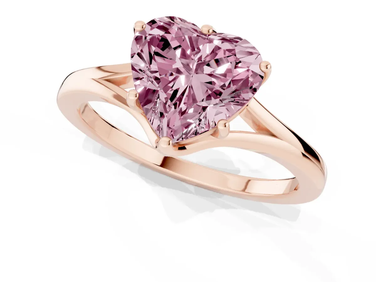 Fancy Pink Heart Cut Solitaire Diamond Ring with Six-Prong Setting and Tapered Band Rose gold