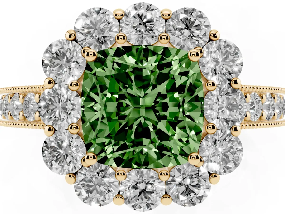 Fancy Green Cushion Cut Cut Halo Diamond Pavé Engagement Ring with Milgrain Detailing Yellow gold