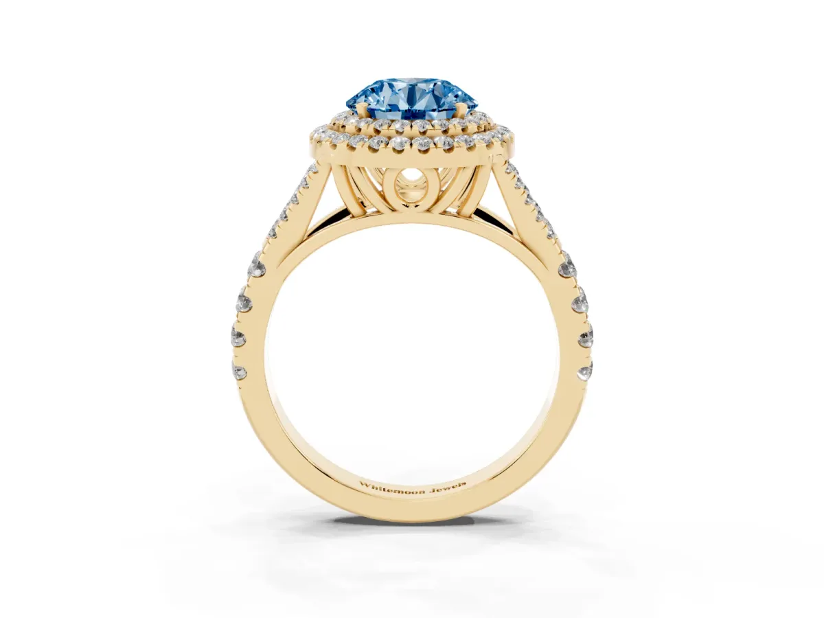 Fancy Blue Double Halo Round Cut Diamond Split Shank Engagement Ring with Four-Prong Setting Yellow gold
