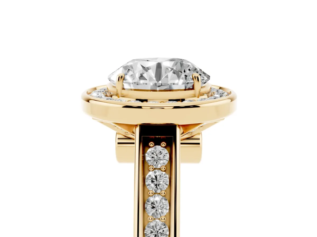 Round Cut Halo Solitaire Diamond Ring with Pave Band and Bezel Setting Yellow gold
