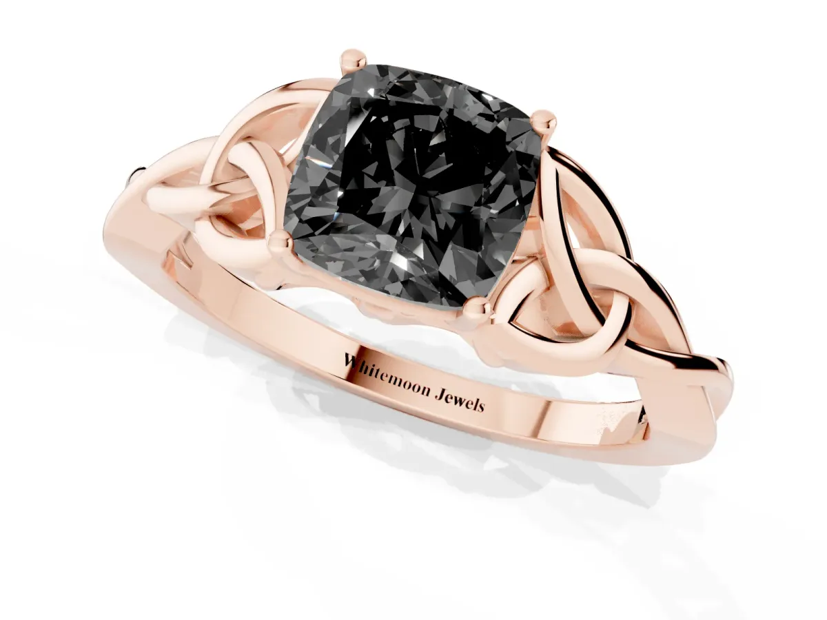 Fancy Black Cushion Cut Diamond Solitaire Engagement Ring with Celtic Knot Band and Four-Prong Setting Rose gold
