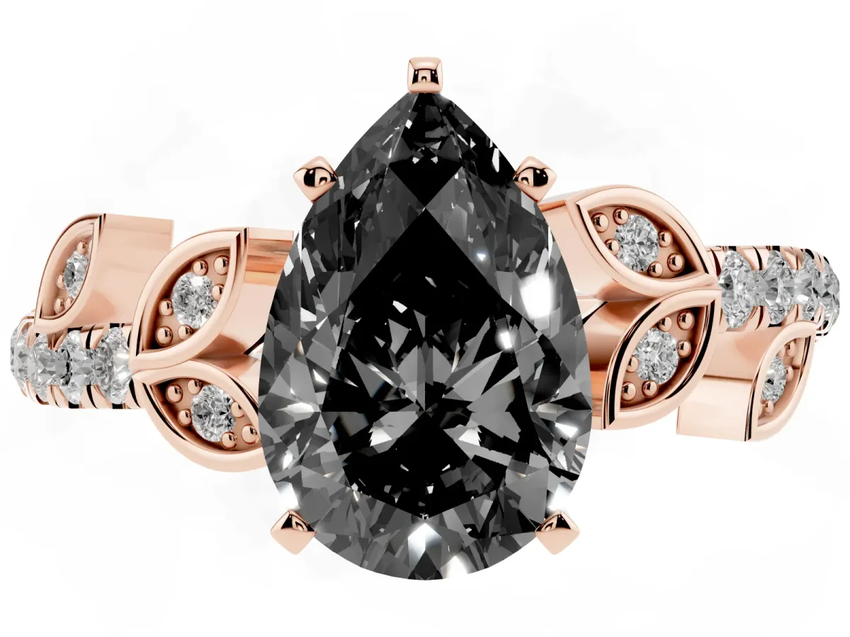 Fancy Black Pear Cut Solitaire Leaf-Inspired Diamond Ring with Pavé Band and Four-Prong Setting Rose gold
