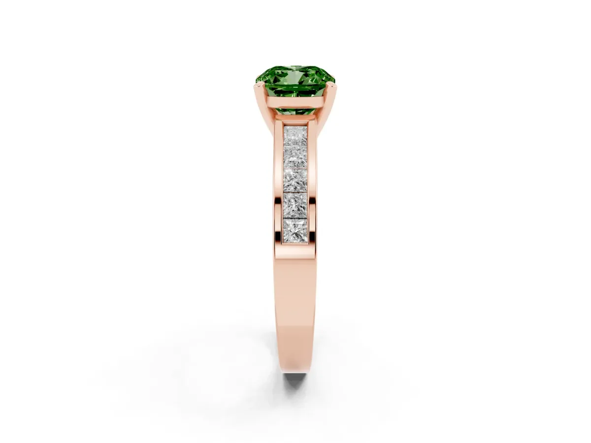 Fancy Green Cushion Cut Solitaire Diamond Ring with Channel-Set Band and Four-Prong Setting Rose gold