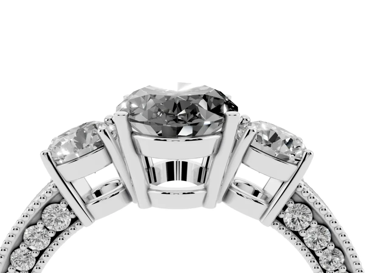 Fancy Black Oval Cut Three-Stone Diamond Ring with Pavé Band and Four-Prong Setting Platinum