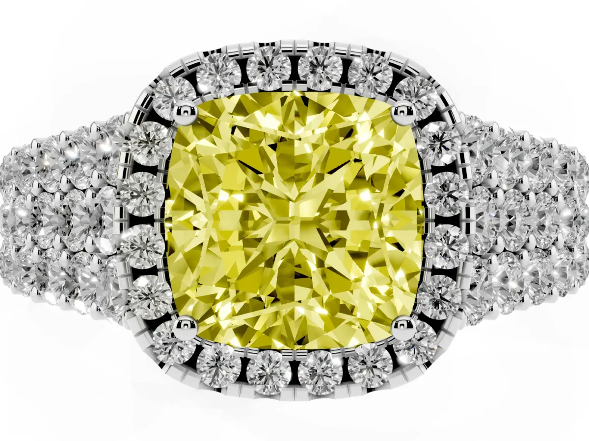 Fancy Yellow Cushion Cut Diamond Halo Engagement Ring with Triple Row Round Pavé Band and Prong Setting White gold