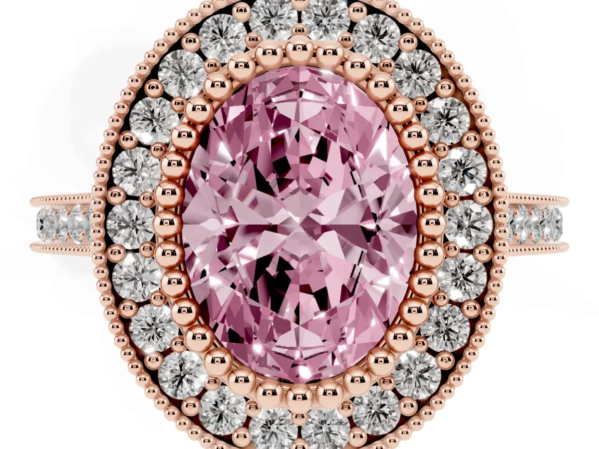 Fancy Pink Oval Cut Diamond Halo Ring with Milgrain Frame and Pavé Band Rose gold