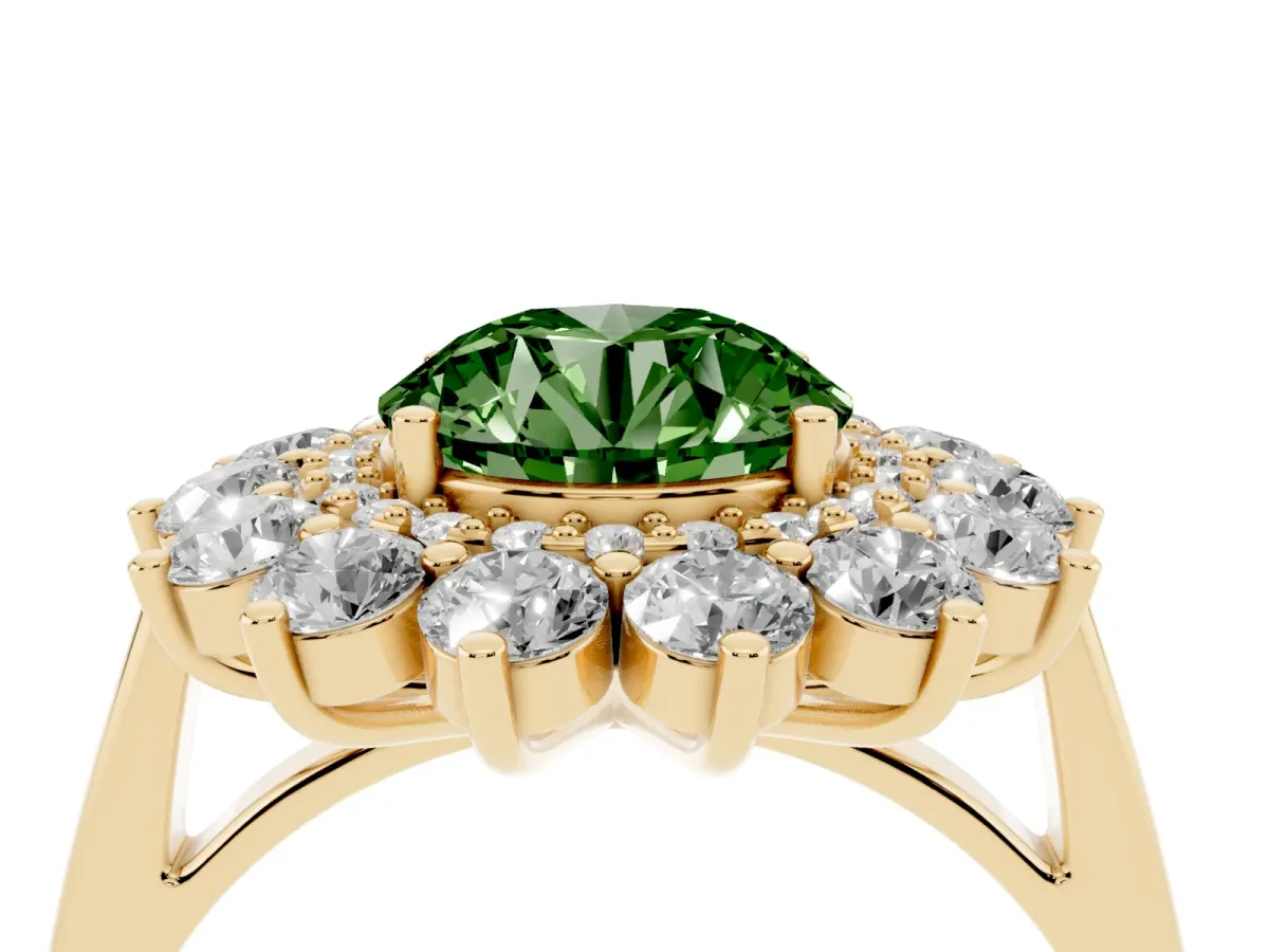 Fancy Green Round Cut Diamond Floral Double Halo Engagement Ring with Prong Setting Yellow gold
