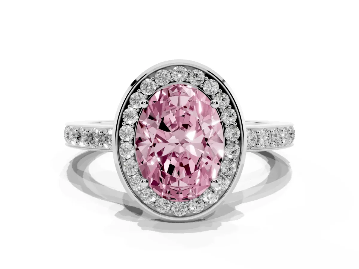 Fancy Pink Oval Cut Diamond Halo Ring with Bezel Frame and Pavé Band Silver