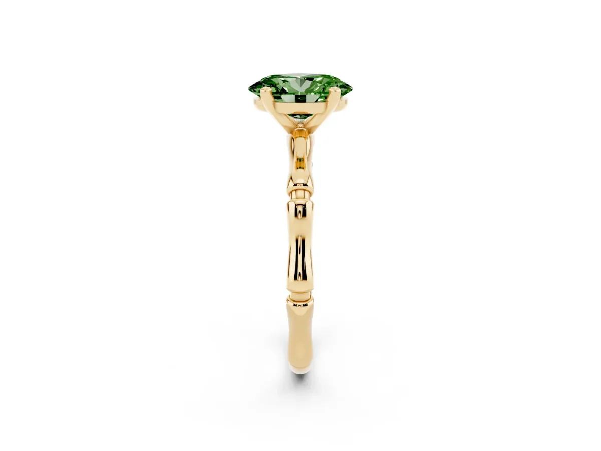 Fancy Green Oval Cut Solitaire Diamond Ring with Bamboo Band and Four-Prong Setting Yellow gold