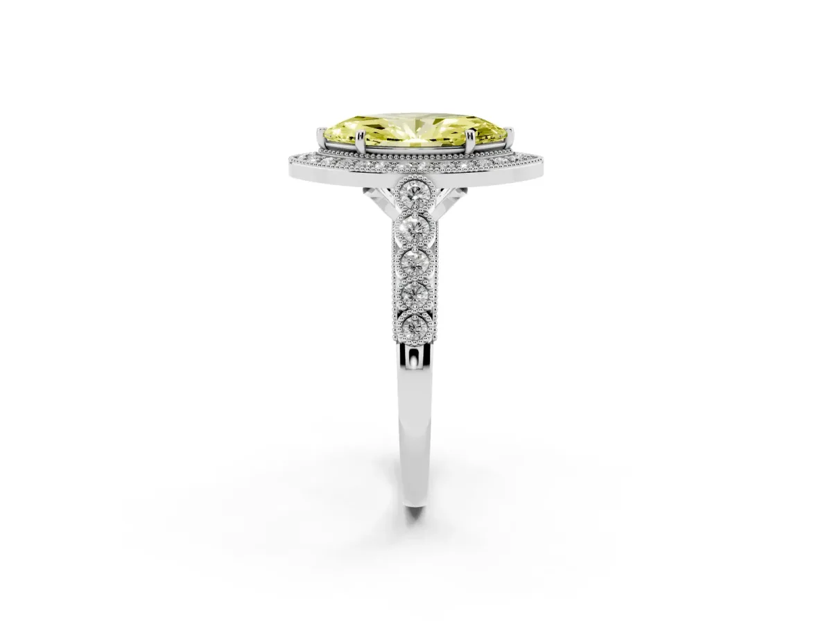 Fancy Yellow Marquise Cut Halo Milgrain Solitaire with Bezel Set Side Stones and Pave Band Silver