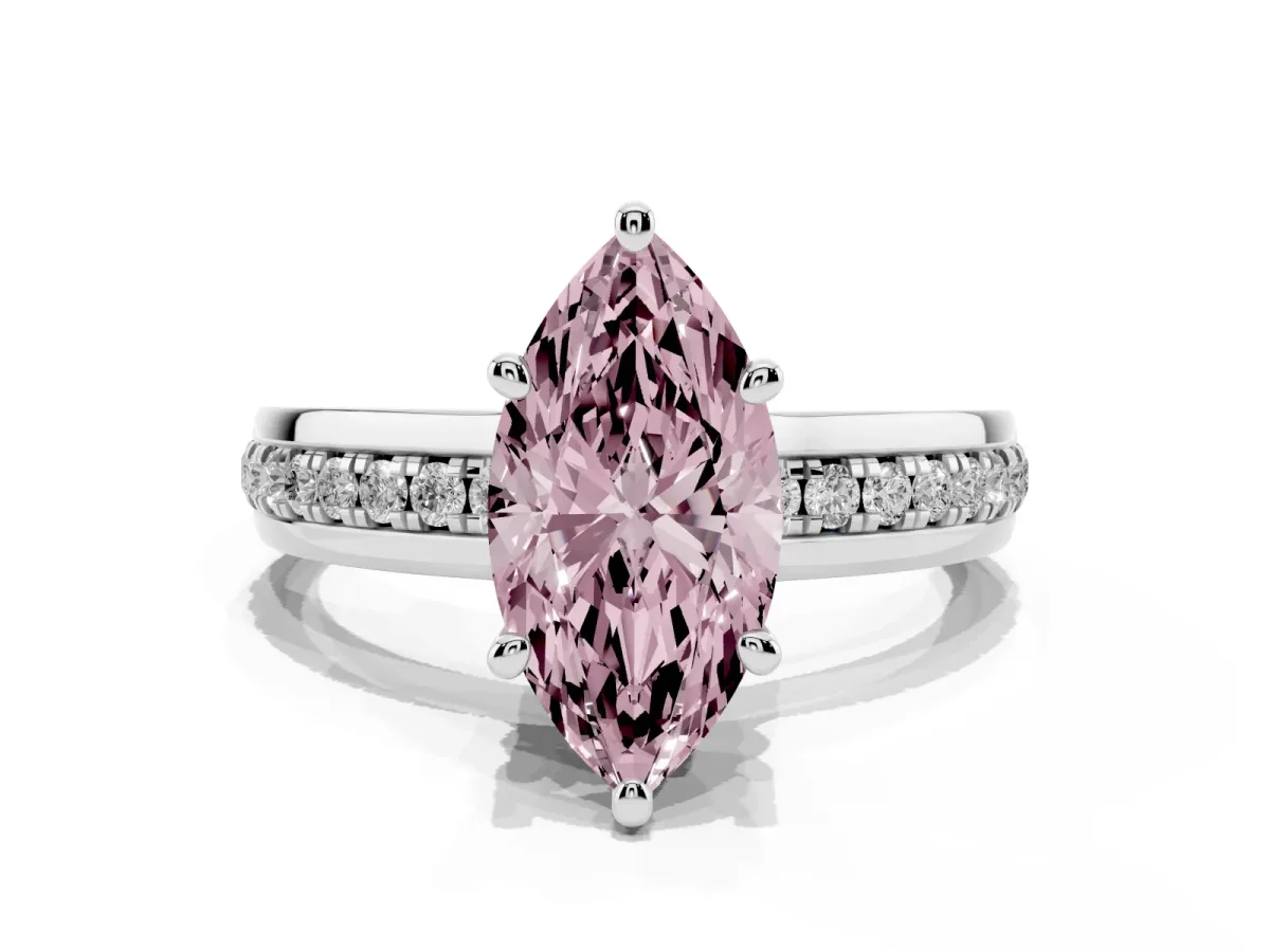 Fancy Pink Marquise Cut Solitaire Diamond Ring with Channel Set Band and Six-Prong Setting White gold