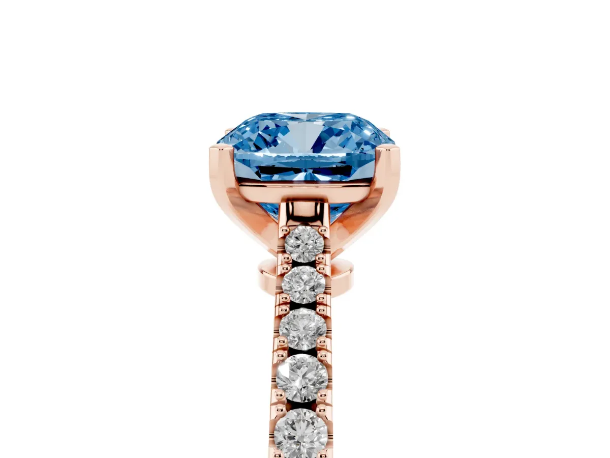 Fancy Blue Cushion Cut Cut Solitaire Diamond Engagement Ring with Pave Band and Four-Prong Setting Rose gold