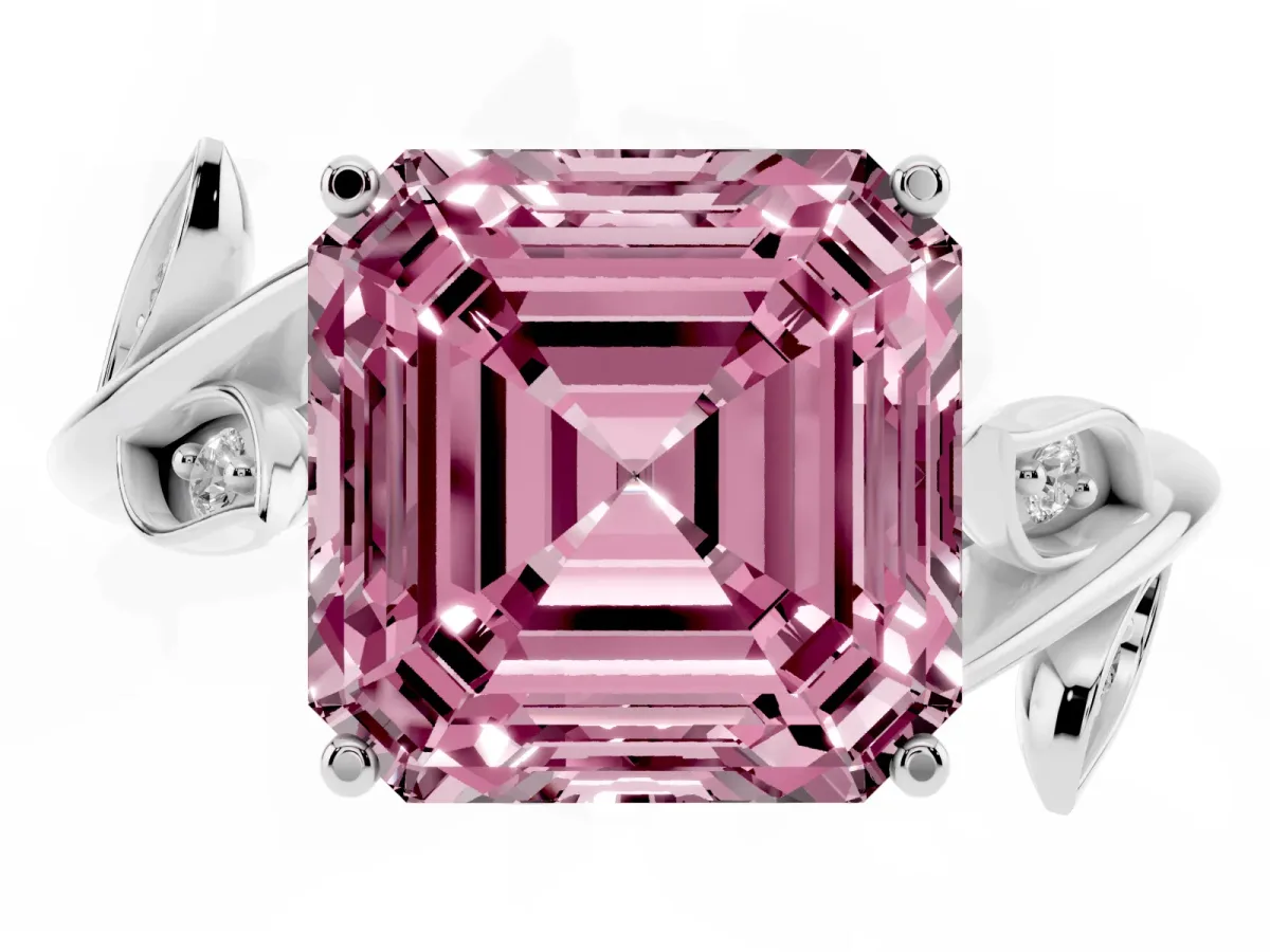 Fancy Pink Asscher Cut Solitaire Twist Engagement Ring with Leaf Accents and Prong Setting Silver