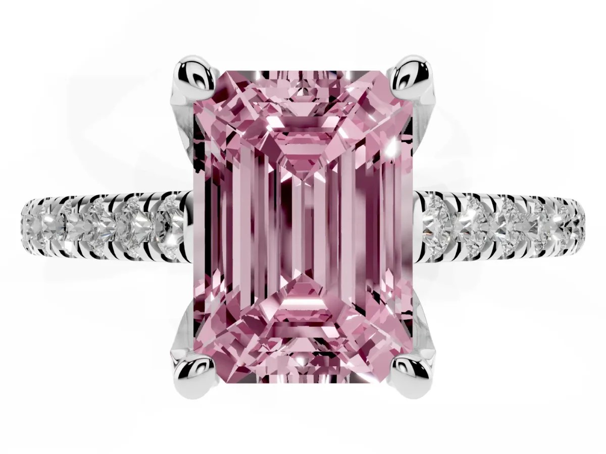 Fancy Pink Emerald Cut Brilliant Diamond Solitaire with Pavé Band and Four-Prong Setting White gold
