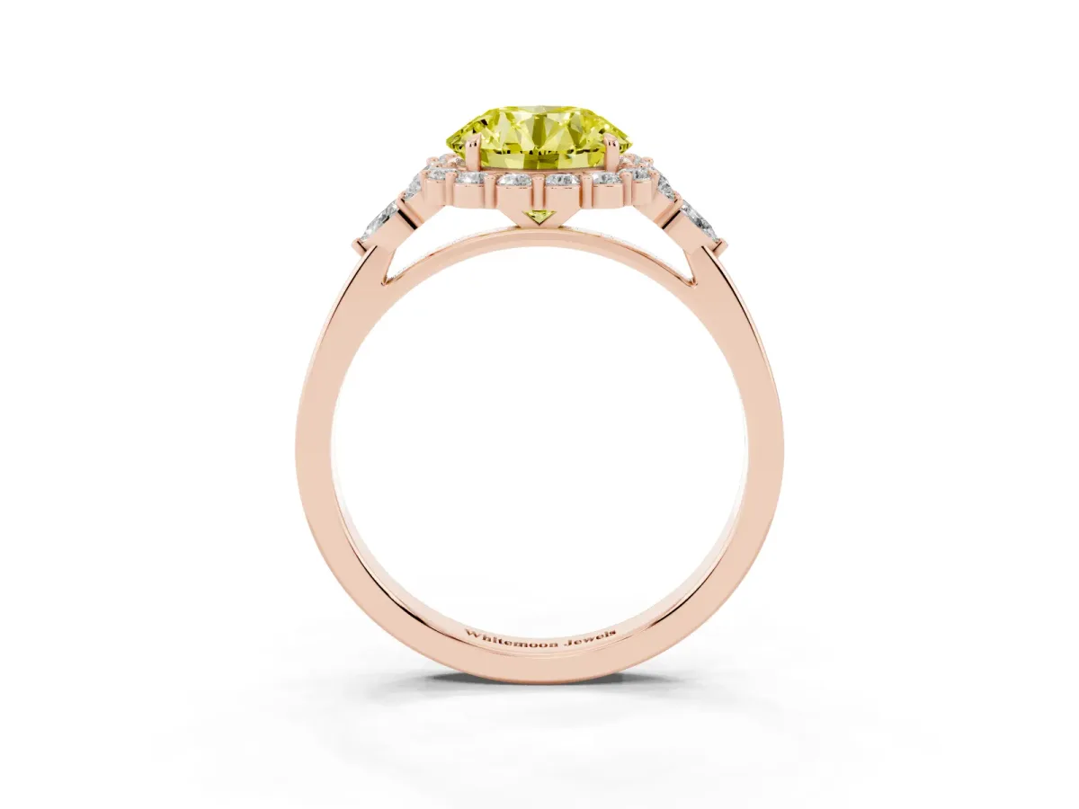 Fancy Yellow Round Cut Diamond Halo Ring with Pear Side Stones and Prong Setting Rose gold