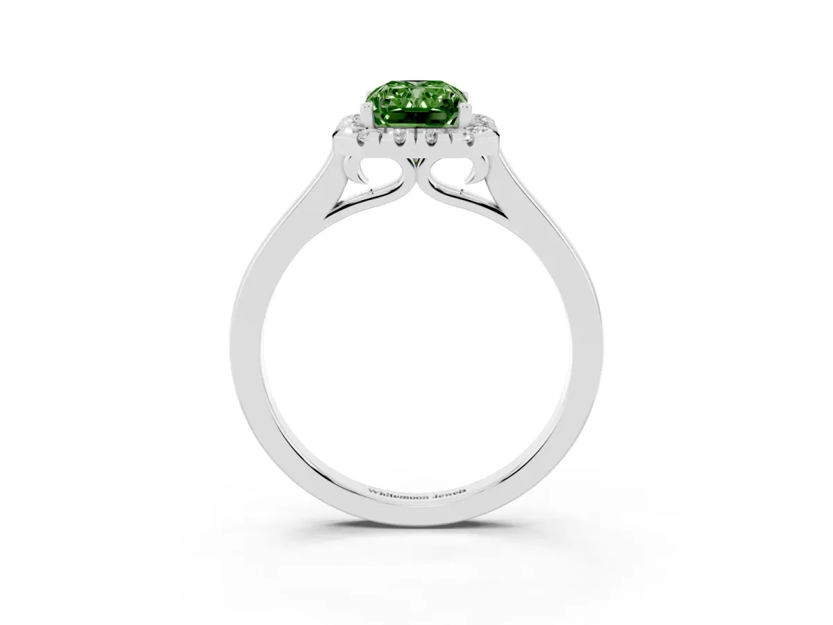 Fancy Green Radiant Cut Halo Round Diamond Solitaire Ring with Pavé Band and Four-Prong Setting Silver
