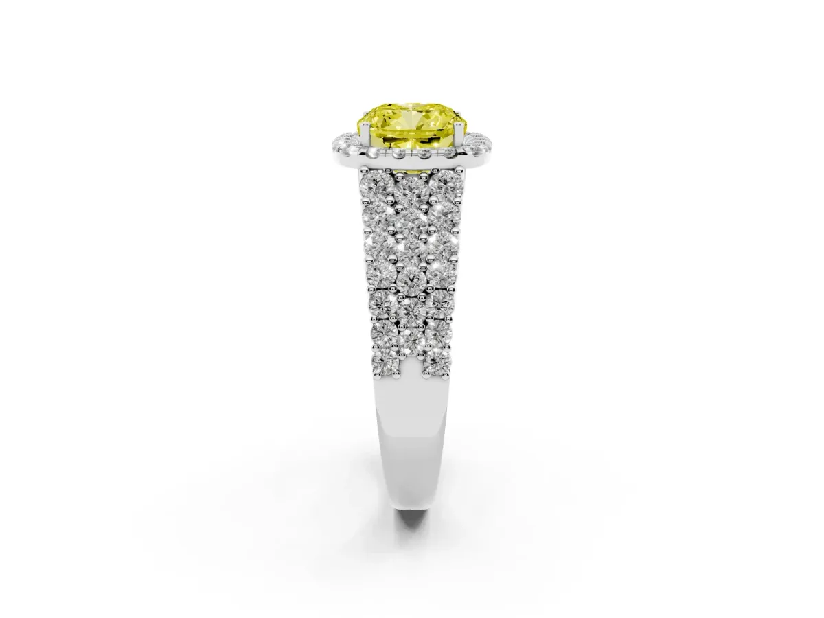 Fancy Yellow Cushion Cut Diamond Halo Engagement Ring with Triple Row Round Pavé Band and Prong Setting White gold