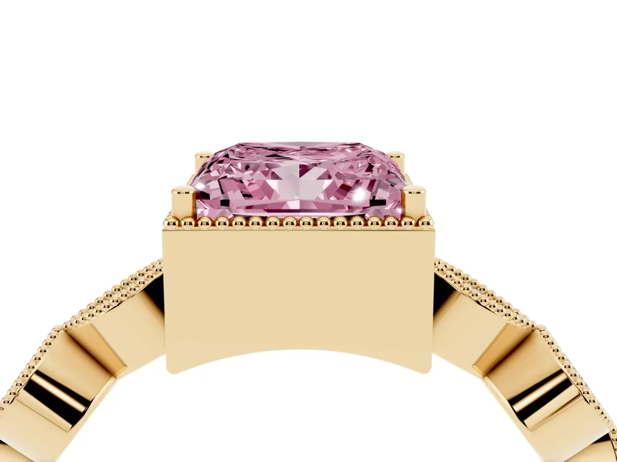 Fancy Pink Princess Cut Diamond Vintage Milgrain Ring with Round Stations Yellow gold