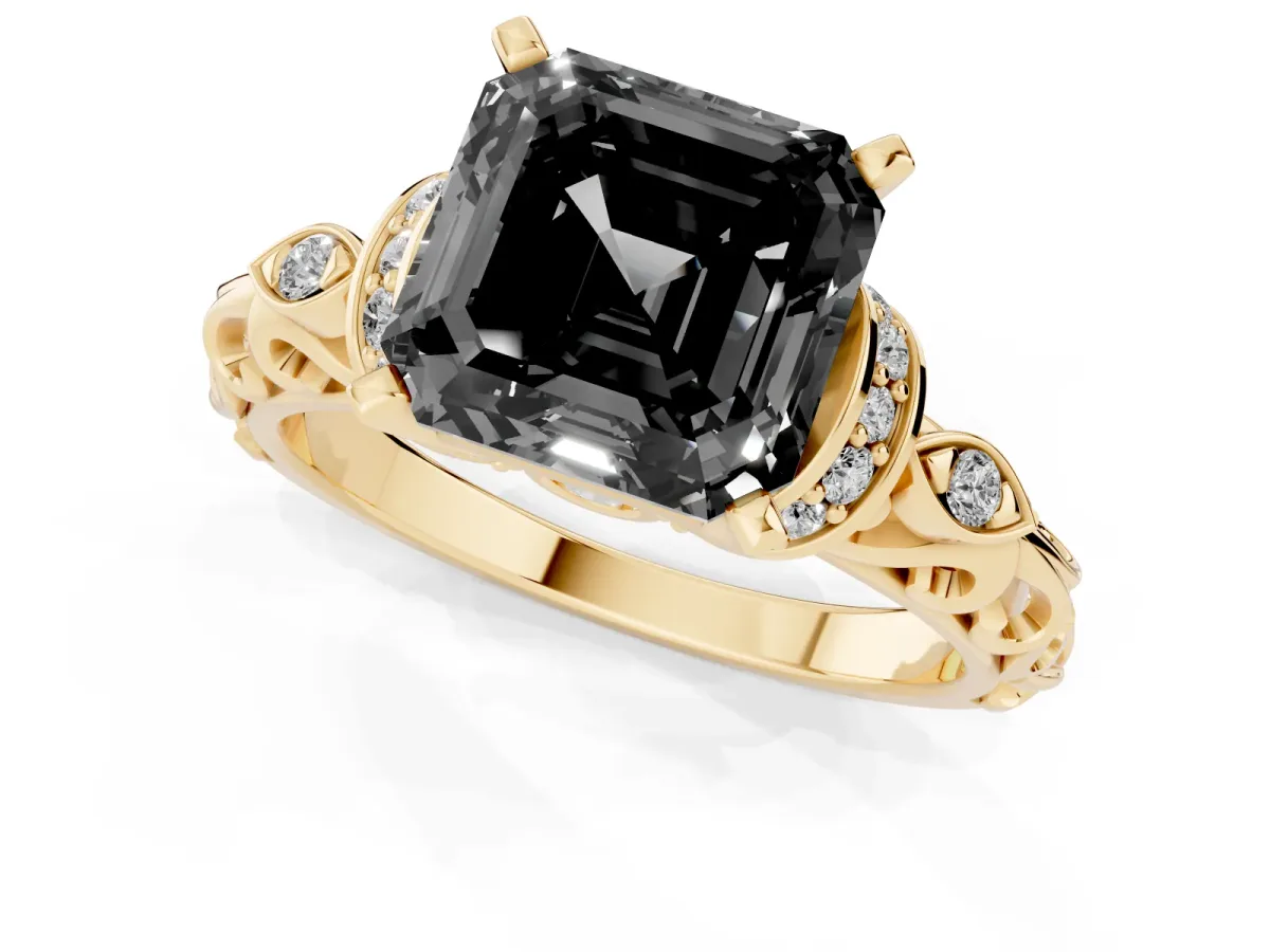 Fancy Black Asscher Cut Diamond Solitaire Ring with Filigree Band and Four-Prong Setting Yellow gold