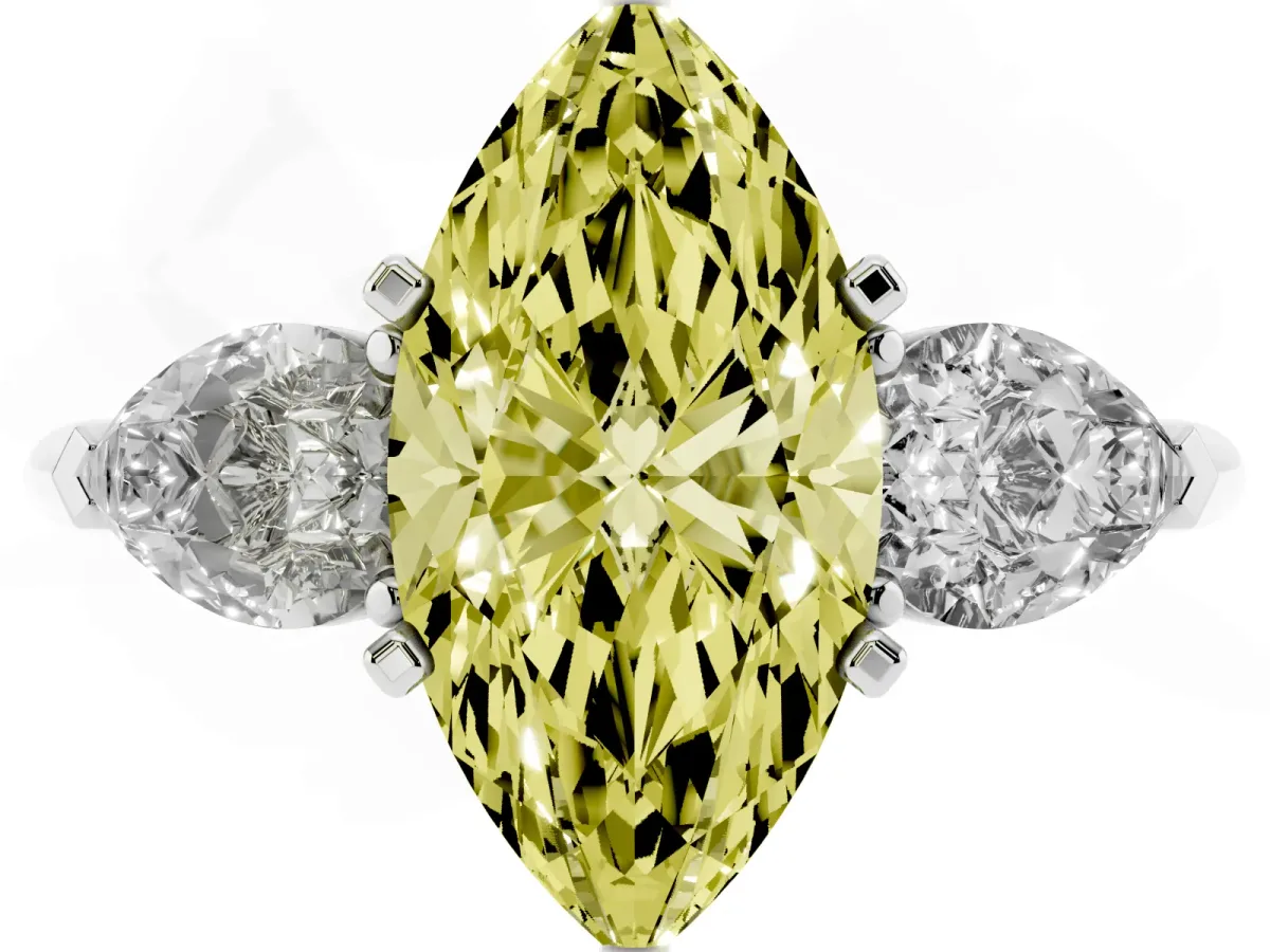 Fancy Yellow Three-Stone Marquise Cut Diamond Ring with Pear Side Stones and Four-Prong Setting Platinum