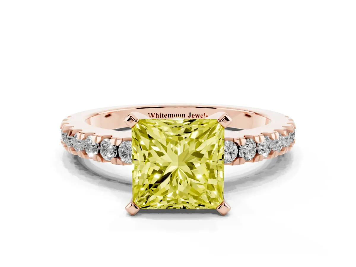 Fancy Yellow Princess Cut Solitaire Diamond with Pavé Band and Four-Prong Setting Rose gold