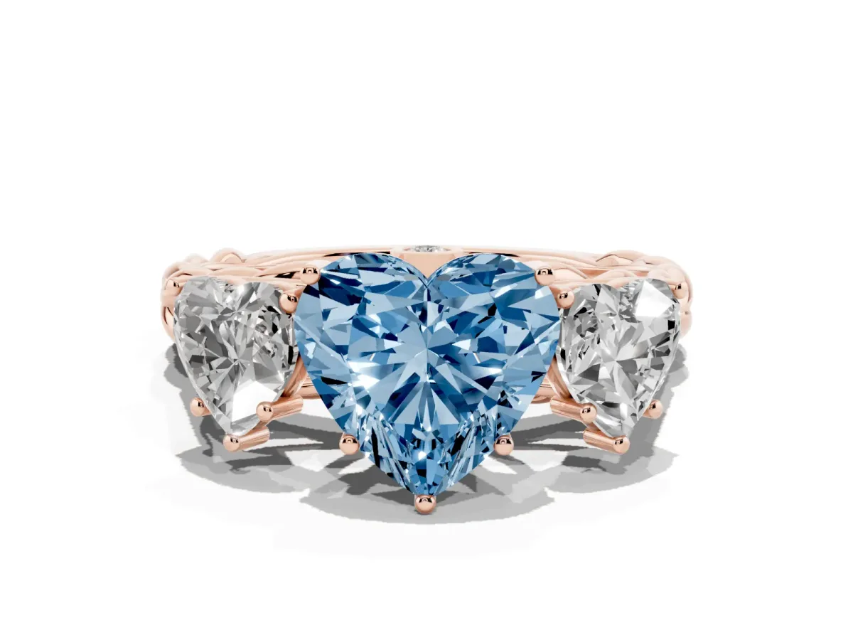 Fancy Blue Three-Stone Heart Cut Diamond Braided Band Ring with Four-Prong Setting Rose gold