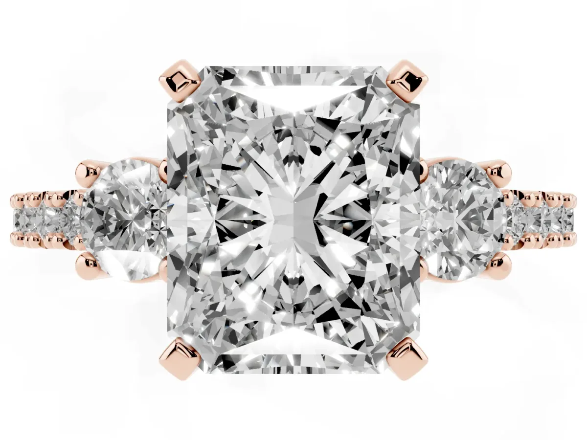 Radiant Cut Three-Stone Diamond Pavé Band with Prong Setting Rose gold