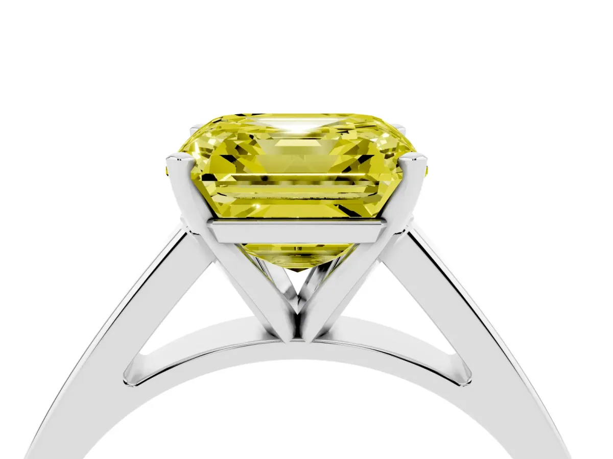 Fancy Yellow Asscher Cut Solitaire Engagement Ring with Four-Prong Setting and Tapered Band Platinum