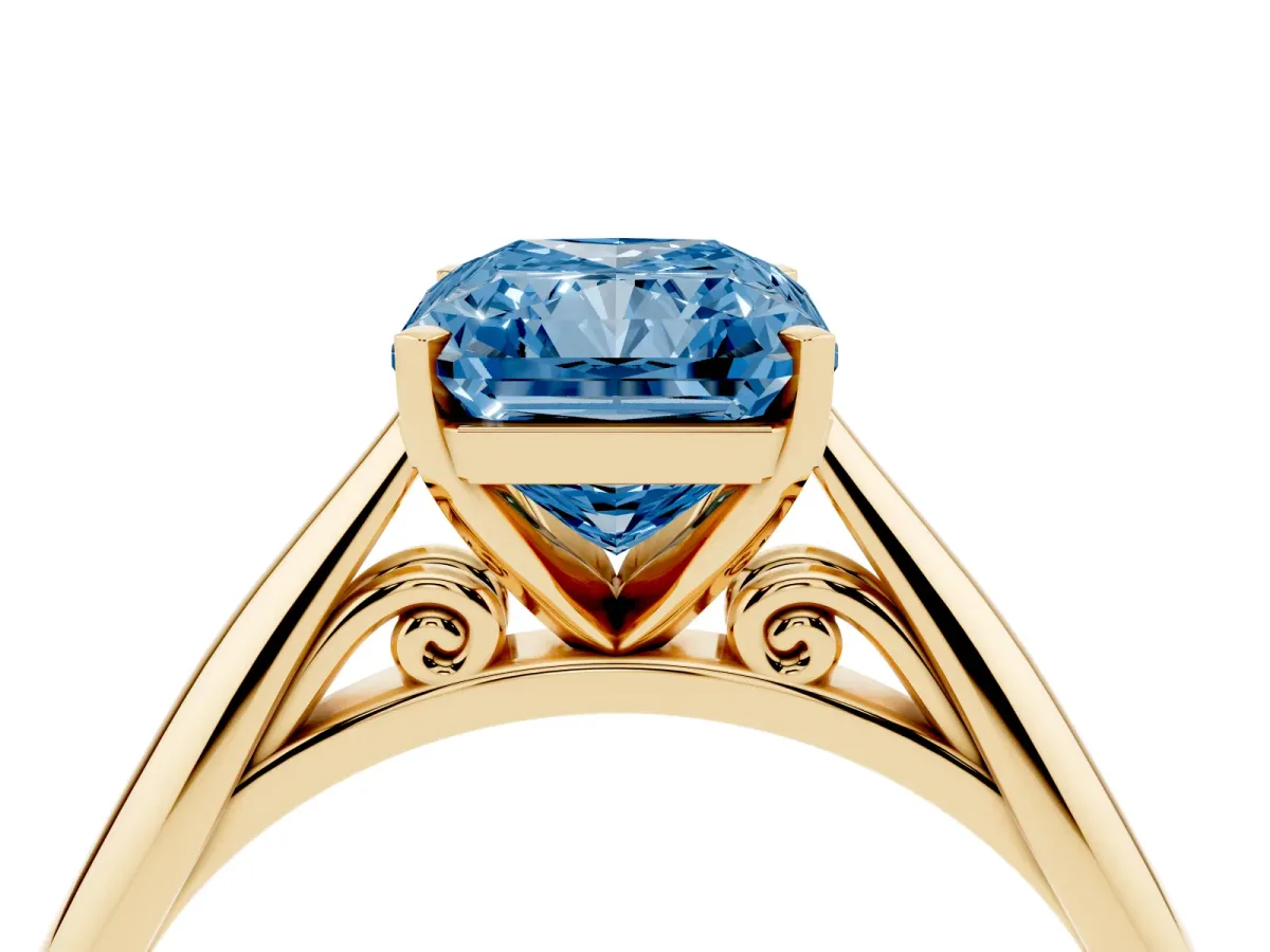 Fancy Blue Radiant Cut Diamond Solitaire Engagement Ring with Cathedral Setting and Four-Prong Mount Yellow gold
