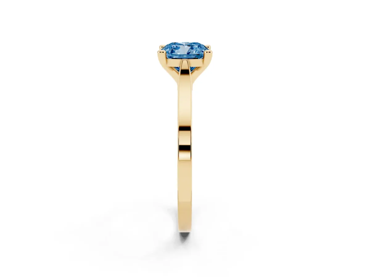 Fancy Blue Cushion Cut Solitaire Diamond Ring with Four-Prong Setting and Tapered Band Yellow gold