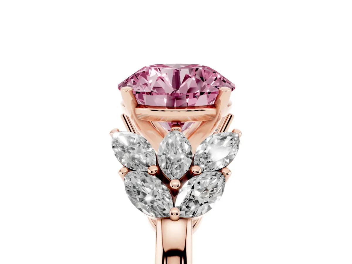 Fancy Pink Round Cut Diamond Cluster Leaf Design Ring with Prong Setting Rose gold