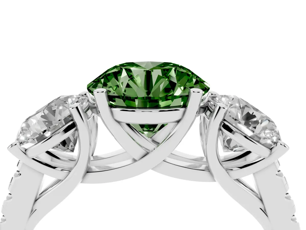 Fancy Green Three-Stone Round Cut Diamond Ring with Round Pavé Band and Prong Setting Silver
