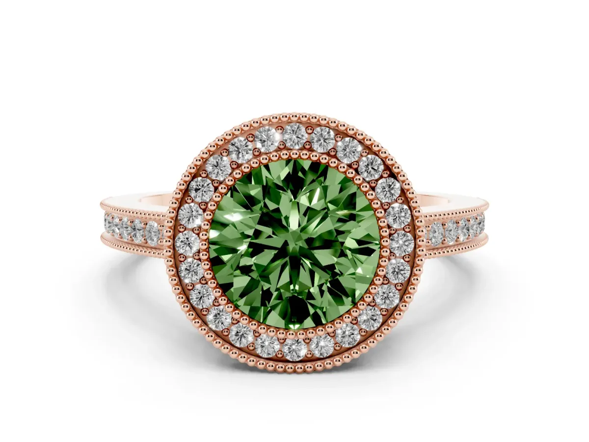 Fancy Green Round Cut Cut Halo Diamond Ring with Pavé Band and Milgrain Prong Setting Rose gold