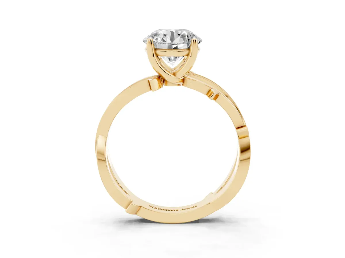 Round Cut Solitaire Twist Band with Pavé Accents and Four-Prong Setting Yellow gold