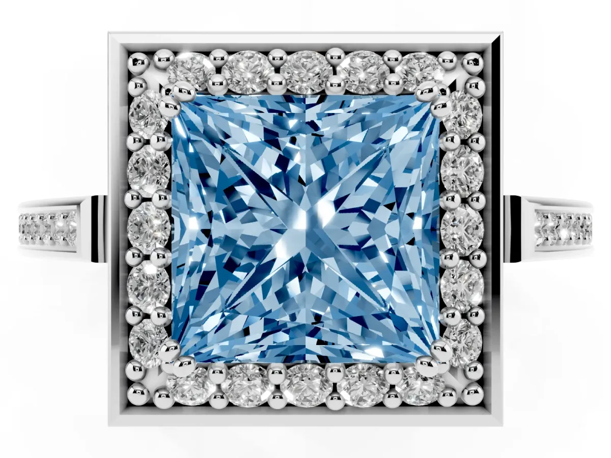 Fancy Blue Princess Cut Diamond Halo Ring with Split Shank and Four-Prong Setting Platinum