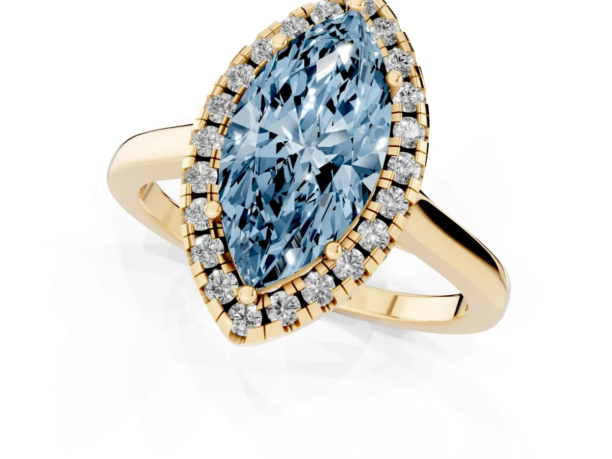 Fancy Blue Marquise Cut Halo Round Diamond Solitaire Ring with Pavé Band and Four-Prong Setting Yellow gold