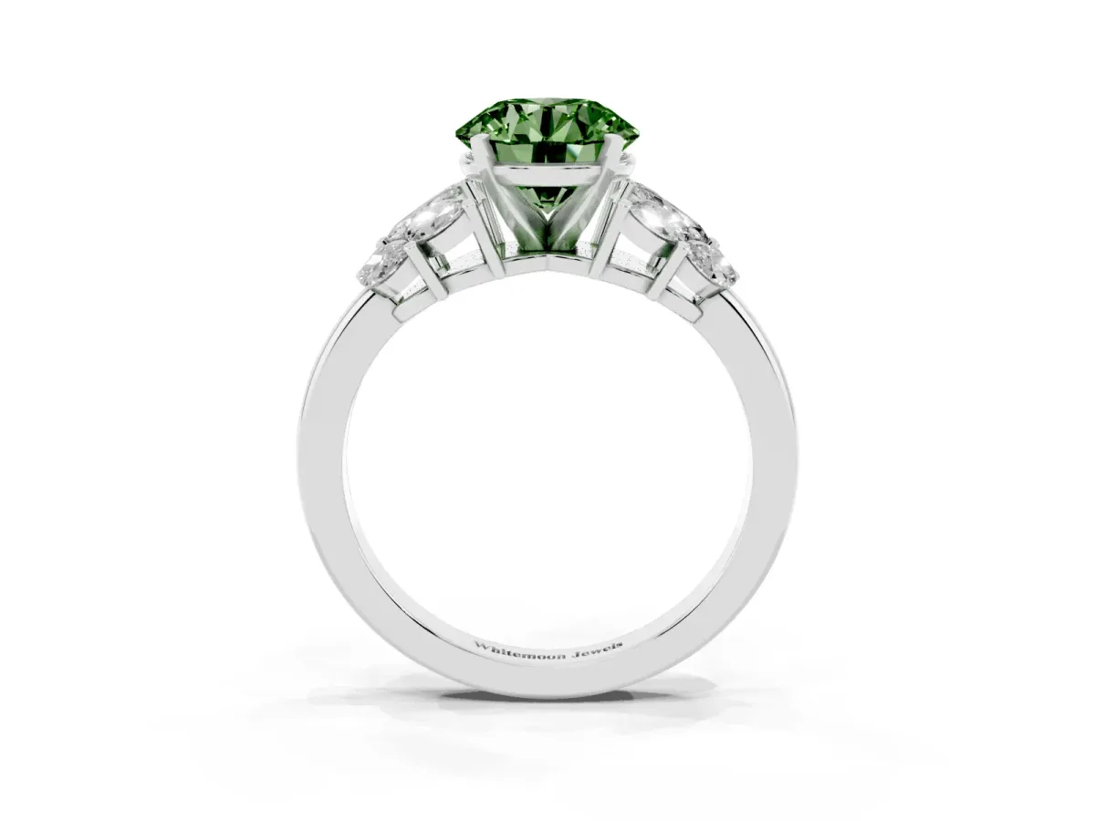 Fancy Green Round Cut Diamond Cluster Leaf Design Ring with Prong Setting Platinum