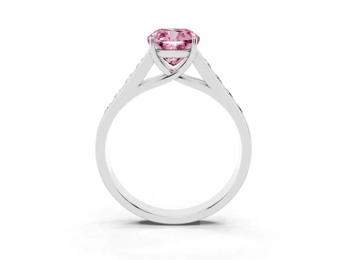 Fancy Pink Cushion Cut Brilliant Channel-Set Solitaire Ring with Four-Prong Setting Silver