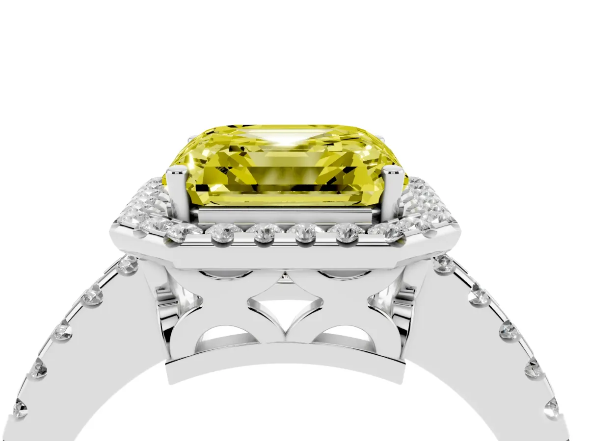 Fancy Yellow Asscher Cut Diamond Halo Engagement Ring with Pavé Band and Prong Setting White gold