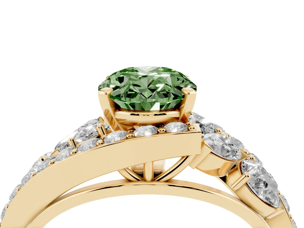 Fancy Green Oval Cut Diamond Halo Ring with Marquise and Pavé Band in Prong Setting Yellow gold