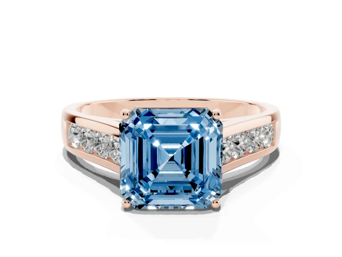 Fancy Blue Asscher Cut Solitaire Channel-Set Diamond Engagement Ring with Four-Prong Setting Rose gold