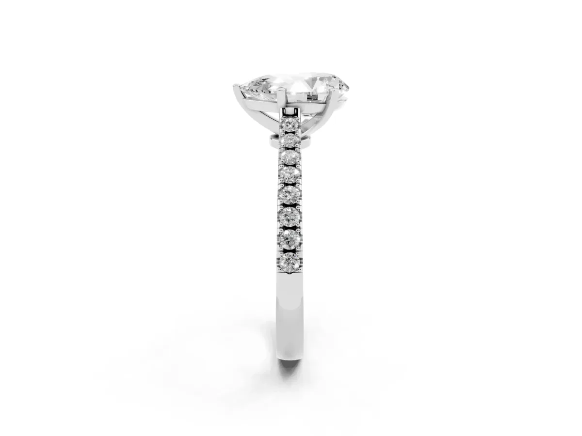 Pear Cut Cut Solitaire Diamond Engagement Ring with Pave Band and Four-Prong Setting Platinum