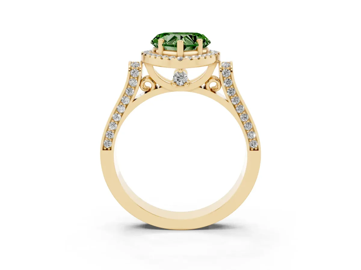 Fancy Green Heart Cut Halo Round Diamond Twist Band with Four-Prong Setting Yellow gold